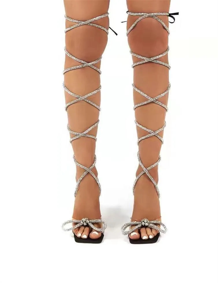 Plus size women's strappy sandals with Roman rhinestone straps in square toe design