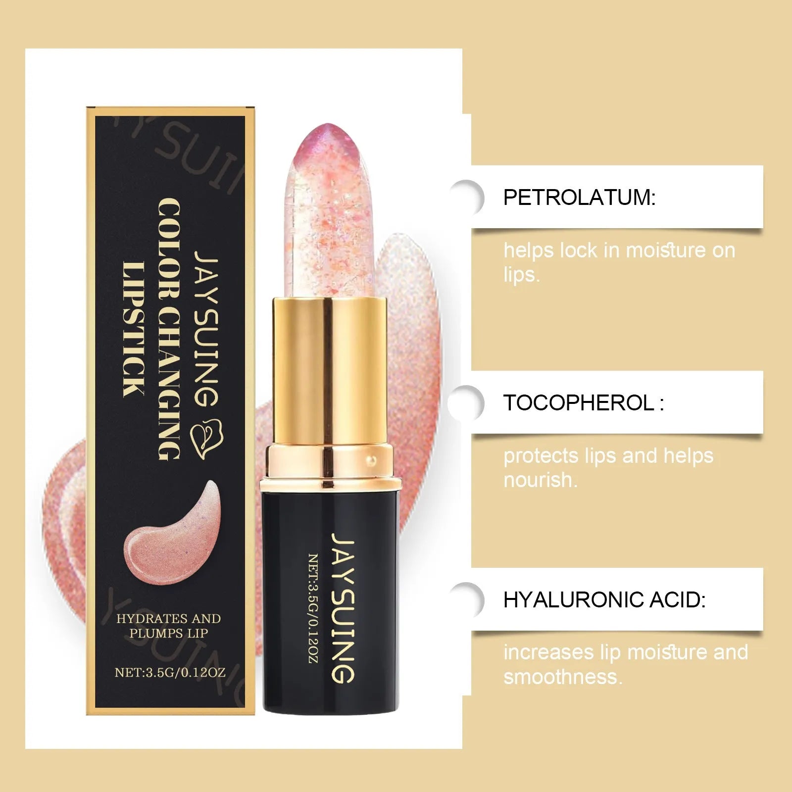3.5g colour changing lipstick tube with hyaluronic acid and jojoba oil