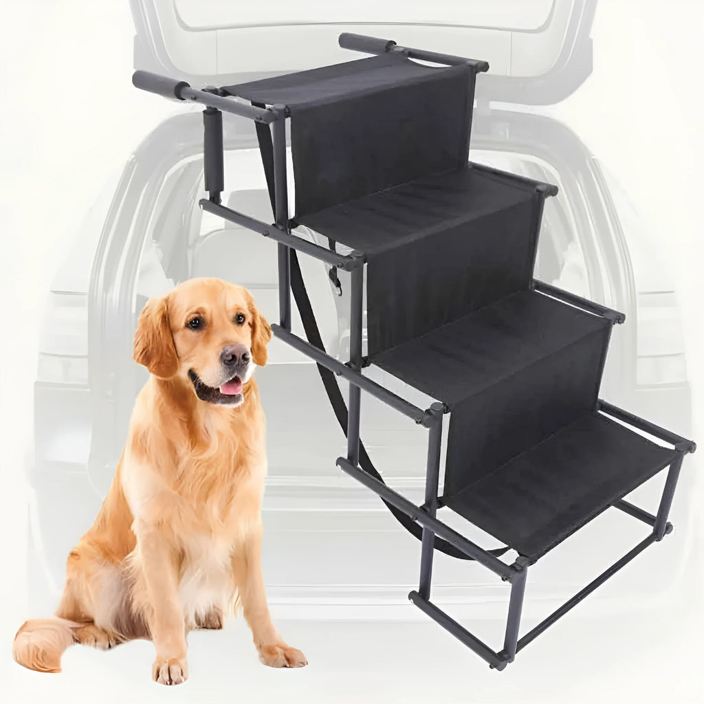 Folding stainless steel dog car ladder in navy blue colour showing extended position