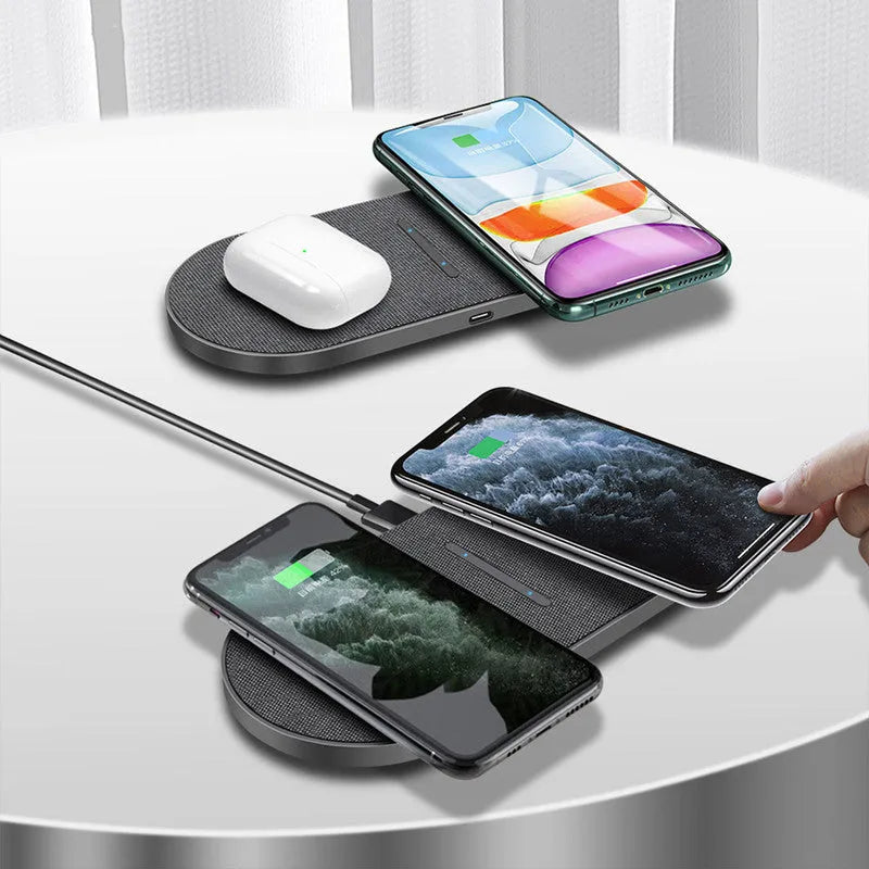 Black dual wireless charging pad with two device charging areas and LED indicator light