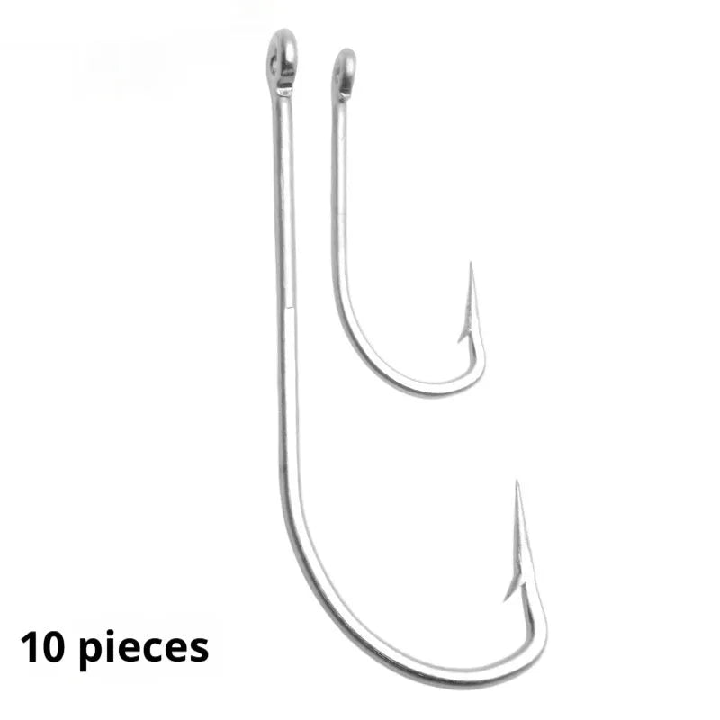 Pack of multi-style alloy fishhooks for saltwater fishing against a blue background.