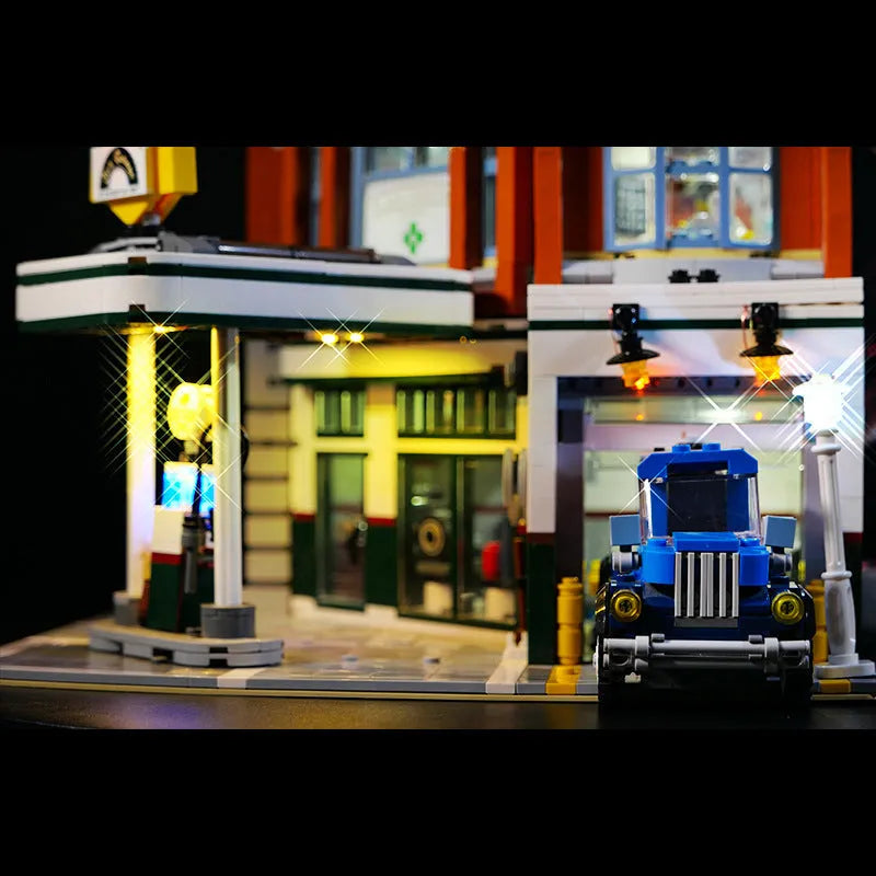 MOC modified LED lighting accessories set with corner repair shop theme for construction toys