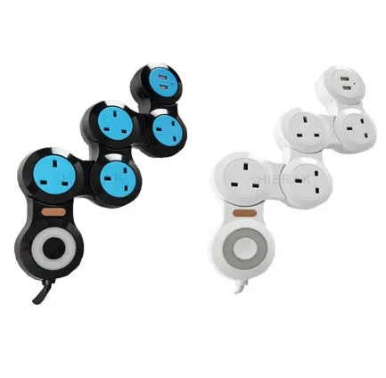 UK standard white and black power strip with five outlets, two USB ports, rotating tow board, and 4m cable