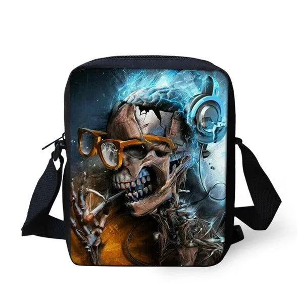 A medium-sized black children's messenger bag with a white skull print, showing double shoulder straps and a front zipper pocket.