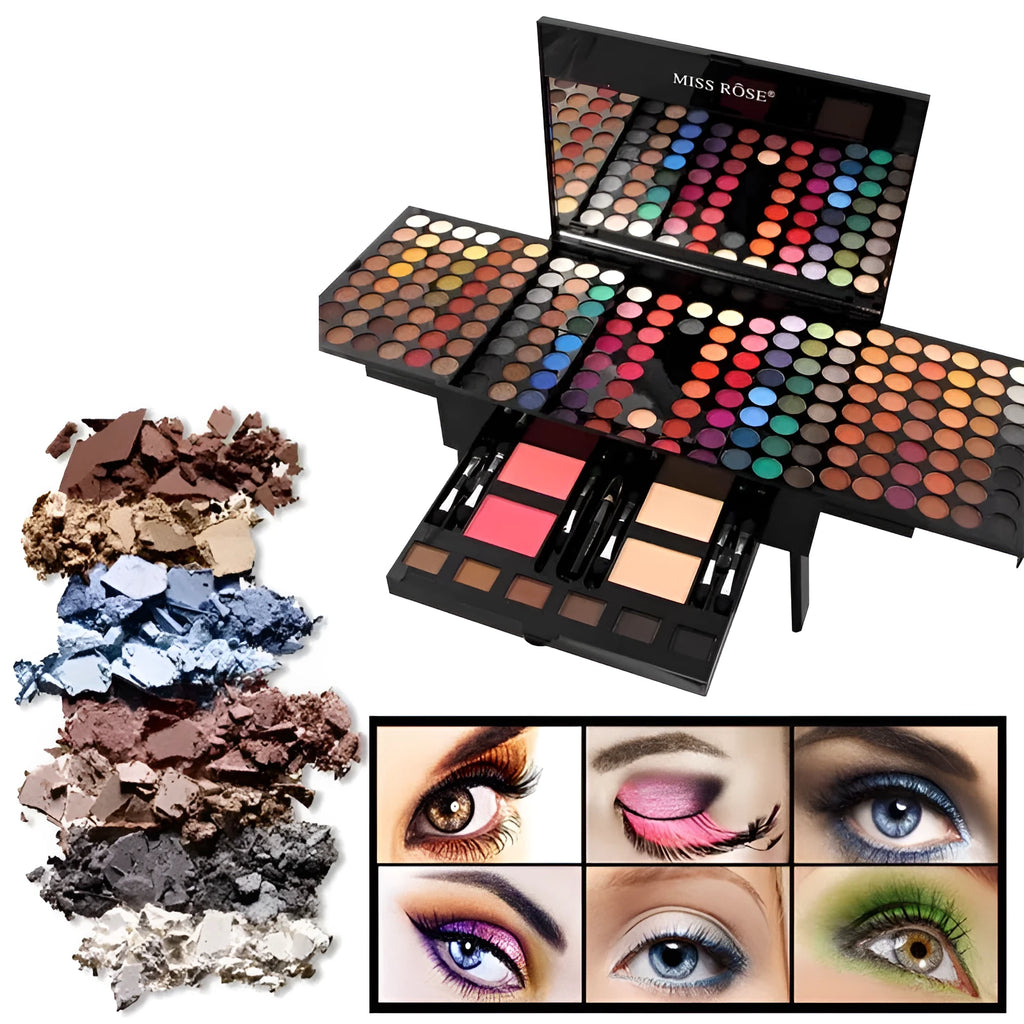 Piano-shaped open makeup palette displaying 180 eyeshadow colours, 2 blushes, 2 powders, and 6 powder outlines.