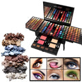 Piano-shaped open makeup palette displaying 180 eyeshadow colours, 2 blushes, 2 powders, and 6 powder outlines.