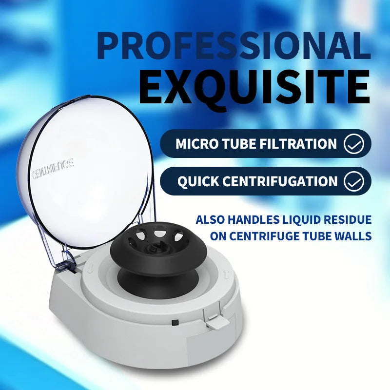 Small white mini laboratory centrifuge unit on a benchtop.