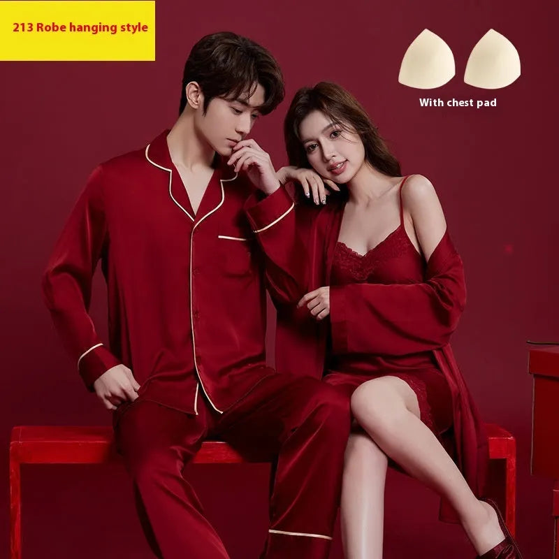 Red long sleeve polyester sleepwear set for a man and woman, presented as a wedding dowry gift.