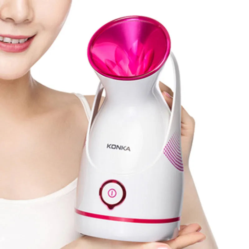 White electric facial steamer with 55ml water tank and adjustable 150° nozzle for deep pore cleansing and aromatherapy