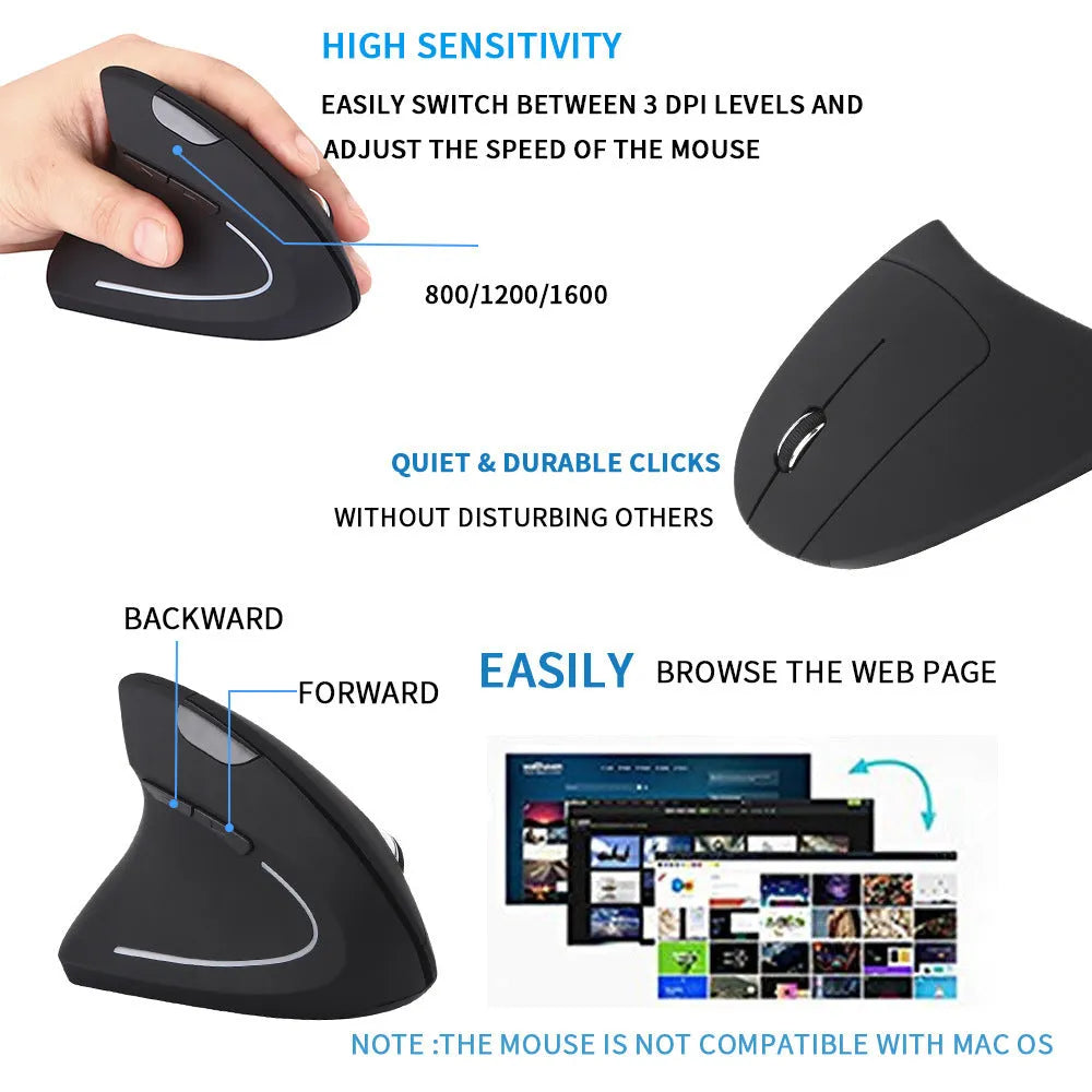 Left hand vertical wireless mouse in black ergonomic design with thumb buttons