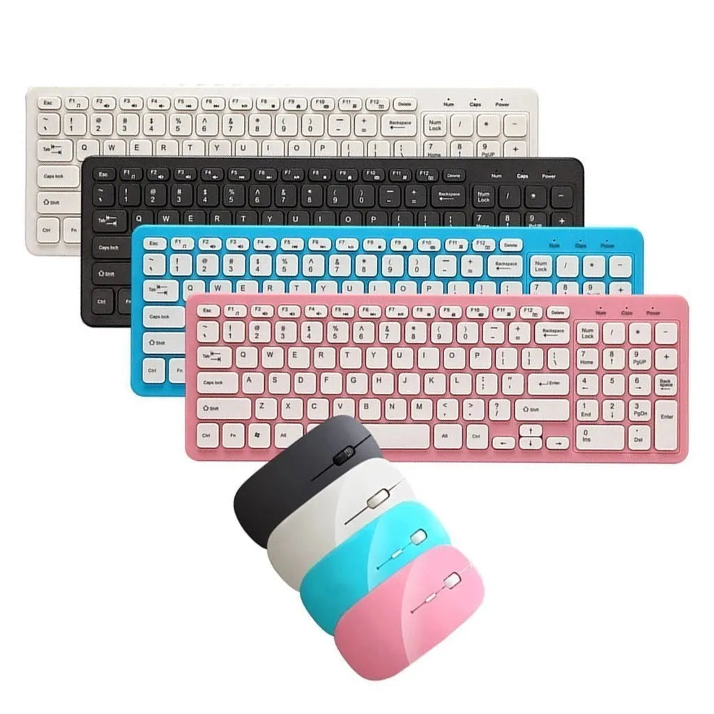 Black wireless keyboard and mouse set with USB receiver on a wooden desk.