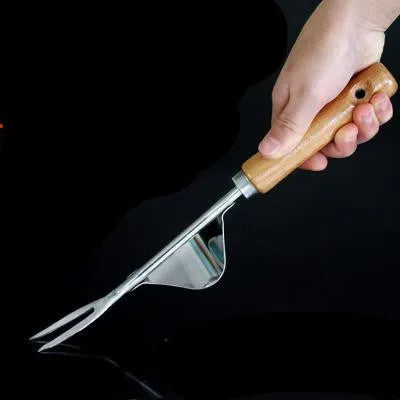 Set of three weeding tools with aluminum alloy heads and wooden handles in yellow and black colour