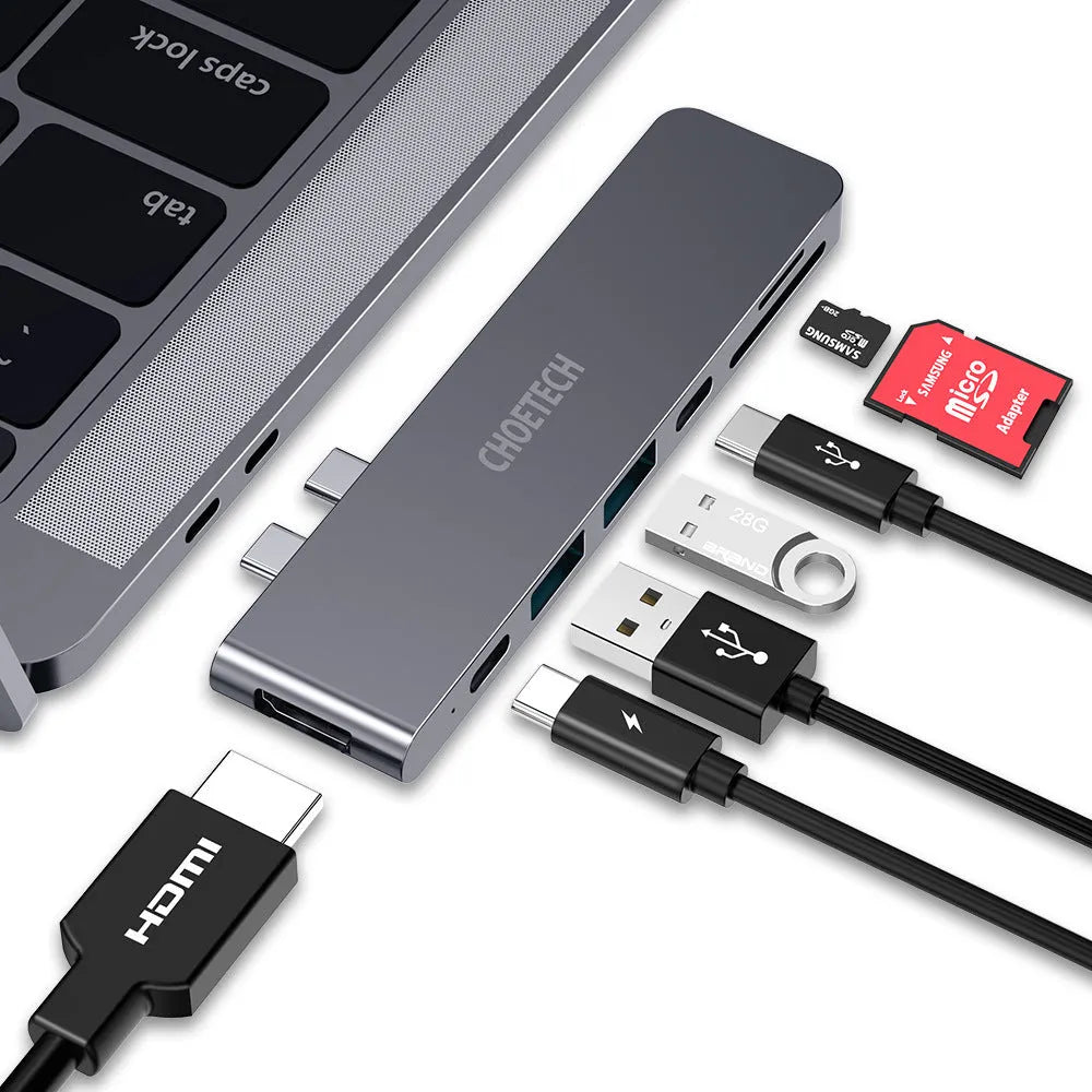 USB C hub adapter with SD card reader, Thunderbolt 3, USB C PD charging, HDMI, and USB 3.0 ports