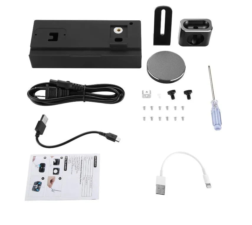 Black eight-in-one desktop charging station with five USB ports and a square wireless charging panel.