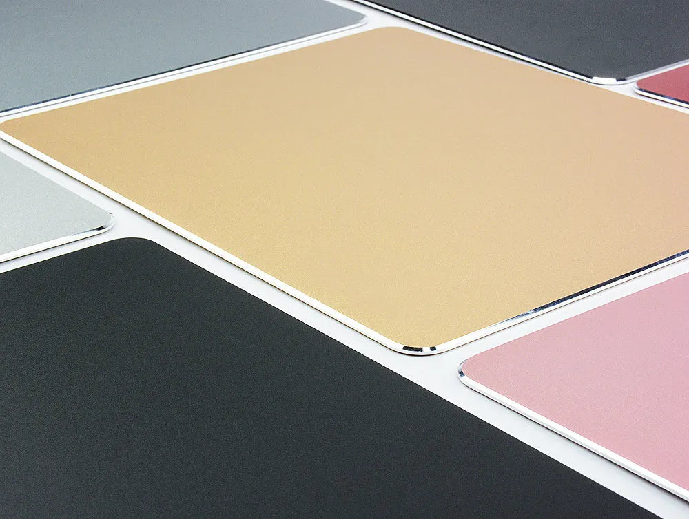 Aluminium alloy metal mouse pad double-sided with wrist support in black, gold, and silver colours, 230x180mm to 600x300mm sizes