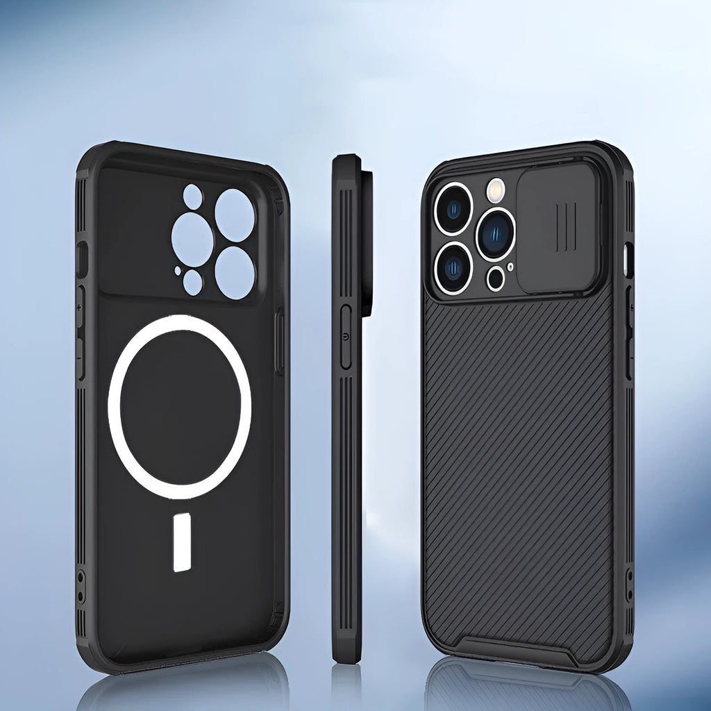 TPU sliding window wireless charging phone case for iPhone 13 and 12 series in black fine hole design