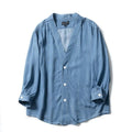 Men's dark blue three-quarter sleeve denim coat with V-neck collar and side pockets