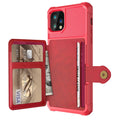 Imitation leather iPhone case with a rear card wallet pocket, shown in black, blue, green, pink, and red colours.