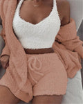 Women's Long Sleeve Crop Tank Top and Drawstring Shorts Pajama Set, Velvet Pants Suit in Multiple Colours White Pink Orange Purple Gray, Available in Asian Sizes S to XXXL for Sleepwear Loungewear