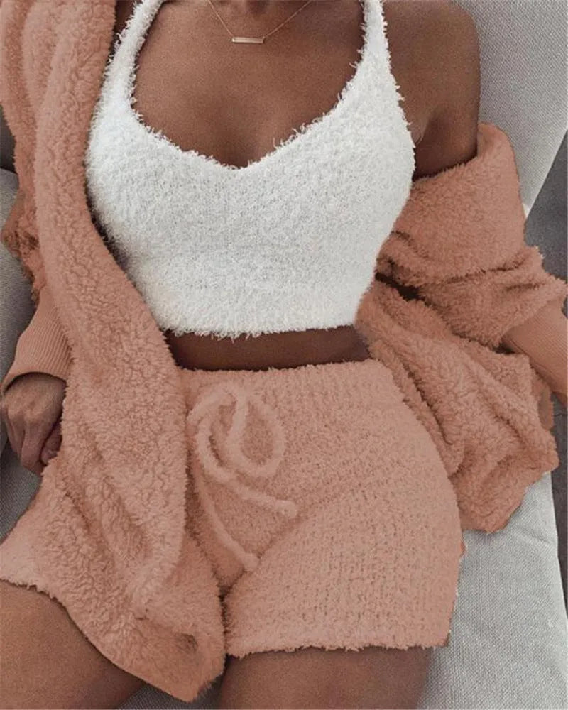 Women's Long Sleeve Crop Tank Top and Drawstring Shorts Pajama Set, Velvet Pants Suit in Multiple Colours White Pink Orange Purple Gray, Available in Asian Sizes S to XXXL for Sleepwear Loungewear