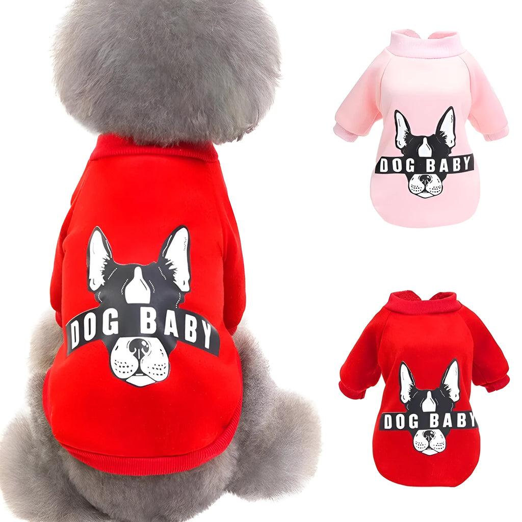 Cotton cartoon fashion dog sweater in pink or red, sizes S to XXL, back length 20-40cm