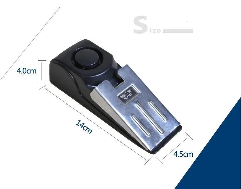 Portable wedge-shaped door stop alarm with stainless steel cover and 120 dB siren for home and travel security