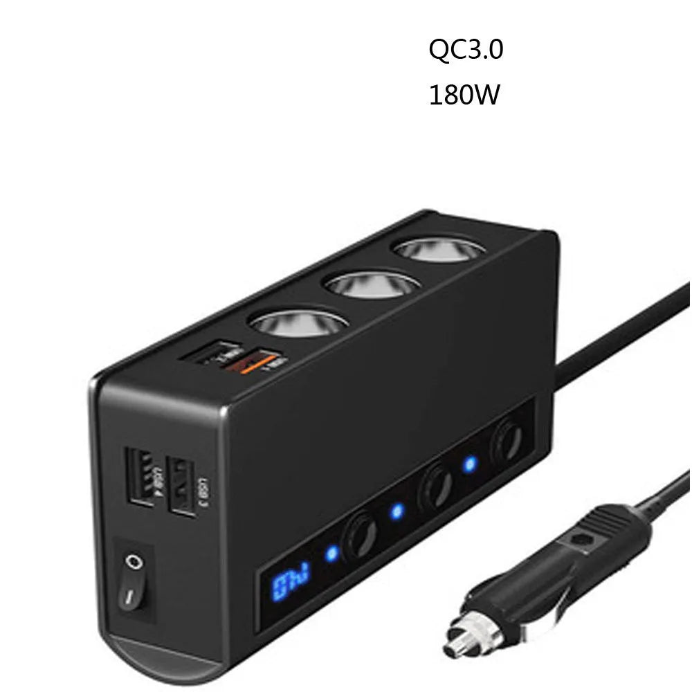 Three-port car charger with cigarette lighter socket and QC3.0 USB ports, black ABS housing, 70cm cable