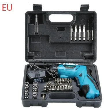 4.8V rechargeable electric screwdriver set with 180° rotating handle and battery indicator light in blue colour on white background