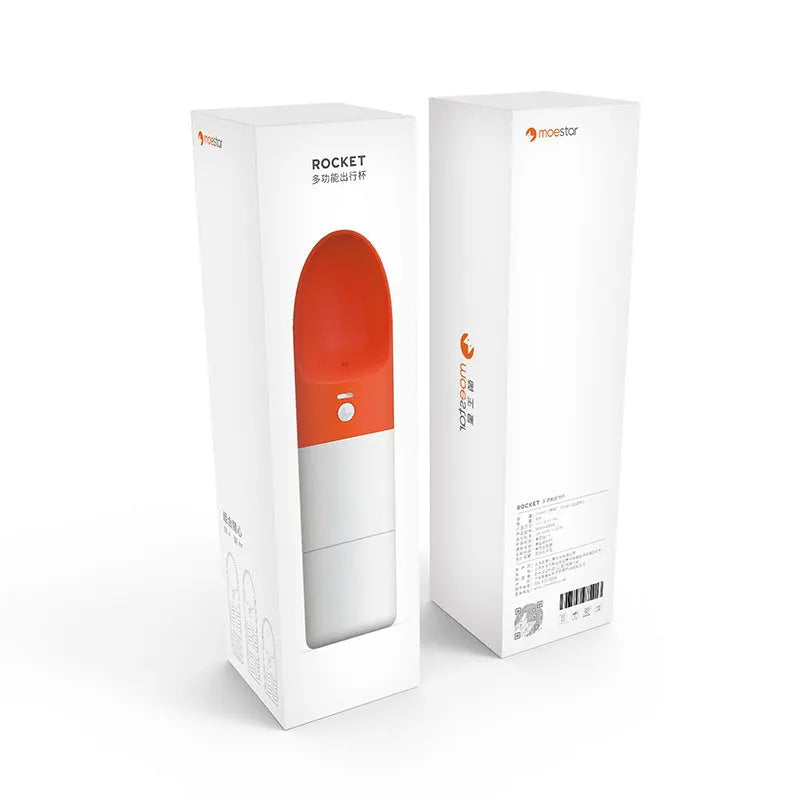 White MOESTAR rocket-shaped pet drinking cup with grey or orange accents showing one-button lock