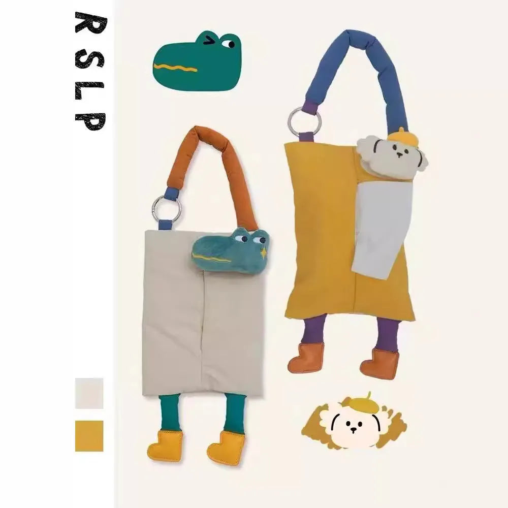 Soft plush hanging car tissue bag in hat dog design, showing hanging loop and pouch.