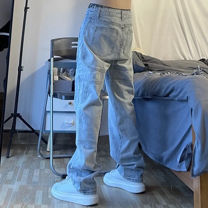 Blue cotton denim straight leg retro wash jeans for men and women, loose fit, middle waist
