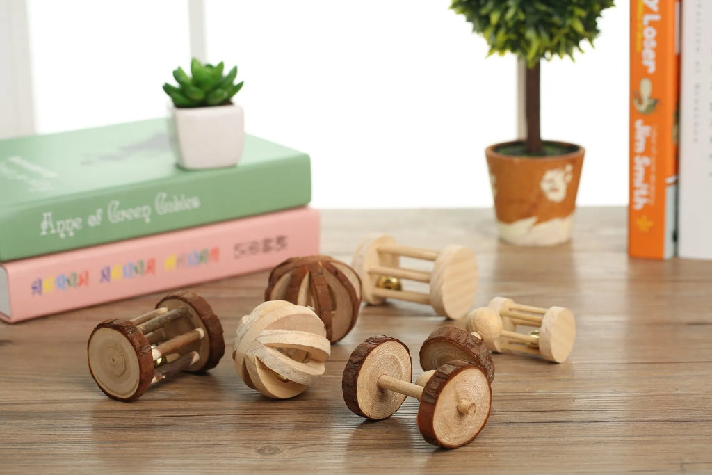 Natural wooden toy set for small pets with natural logs, suitable for hamsters, birds, and rabbits