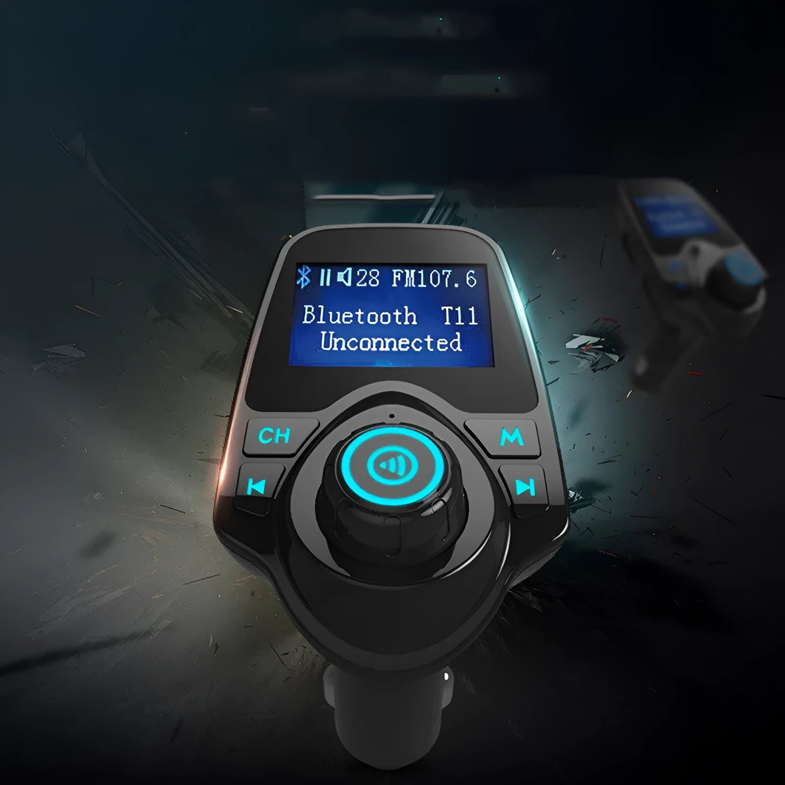 G7 black car Bluetooth hands-free FM transmitter with USB port and TF card slot for wireless music streaming and hands-free calling