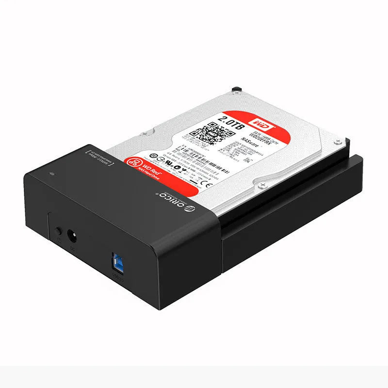 Black universal SATA hard drive enclosure for 2.5 and 3.5 inch drives with USB cable.