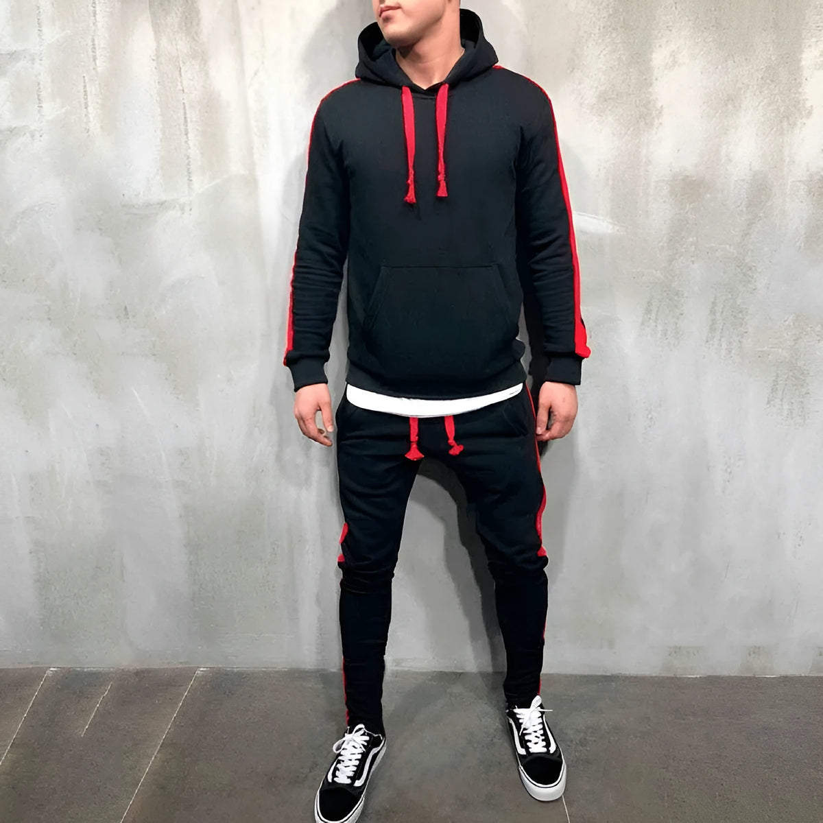 Men's Hooded Striped Sweater Suit Polyester Jogging Cycling Hiking Running Camping Sports Set Black White Army Green Wine Red Dark Grey M L XL 2XL 3XL