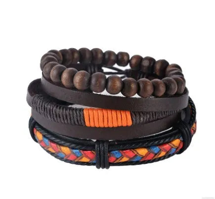 Hand-woven leather bead bracelet with wooden beads and adjustable wrap design