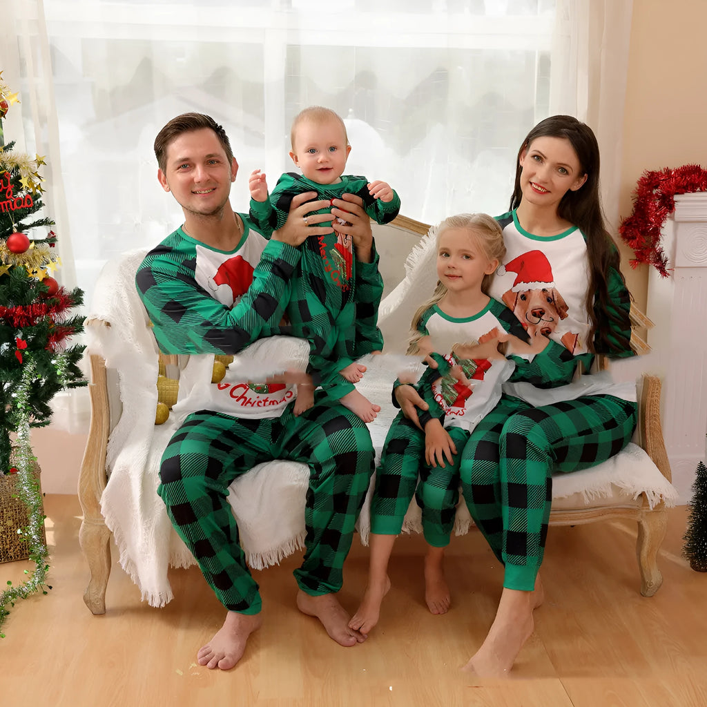 Family set Christmas long sleeve pyjamas in green with animal cartoon pattern on brushed polyester fabric