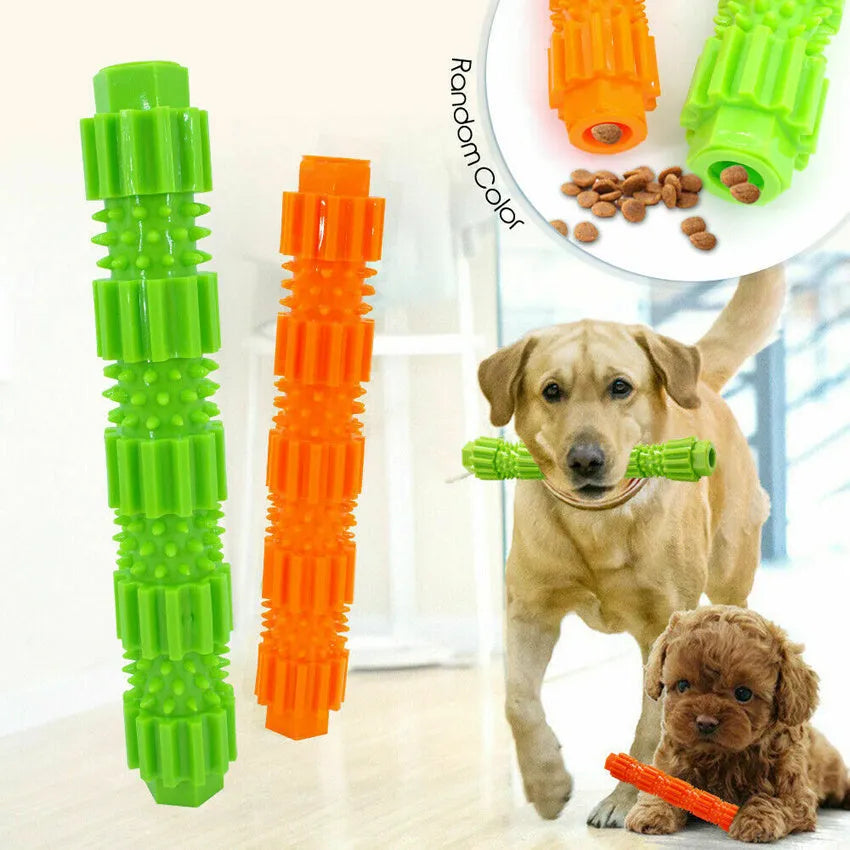 Green and orange rubber dog chew toy with treat dispensing hole and textured surface