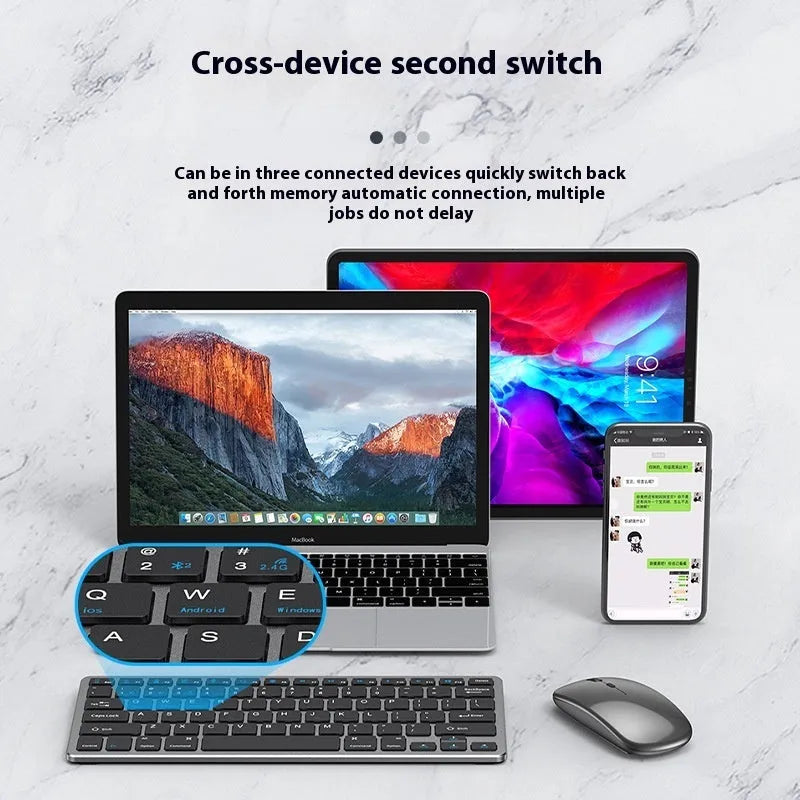Rechargeable black ultra-thin wireless keyboard and mouse set with USB receiver and protective cover on a desk.