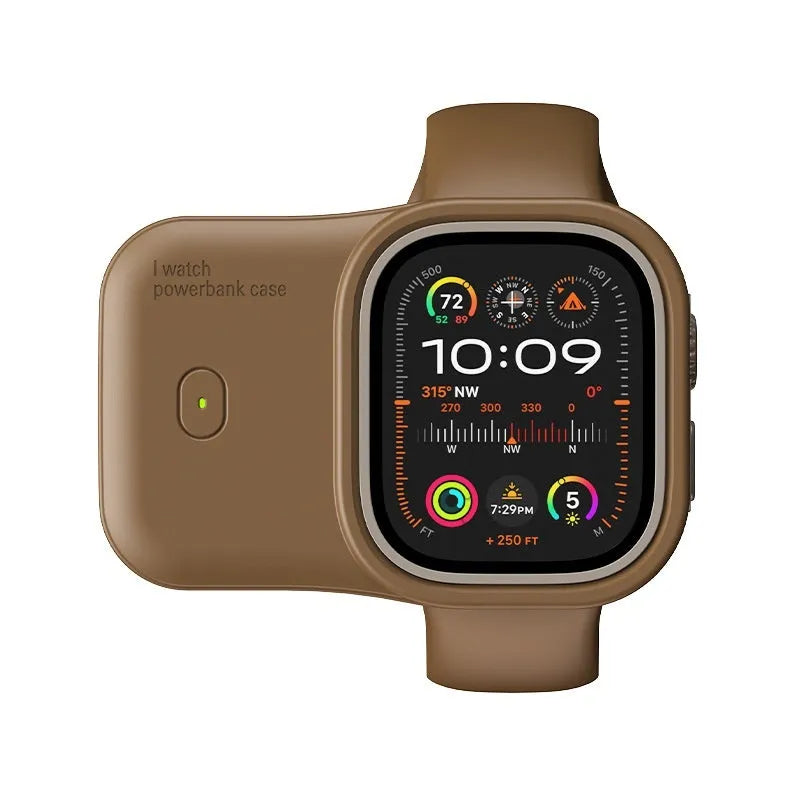 Apple Watch portable wireless charging case and silicone cover in brown, midnight blue, or starlight.