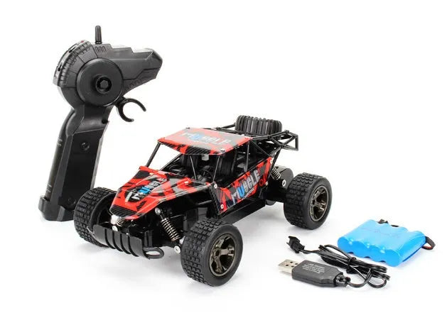 Blue 1:18 scale remote control drift car with 2.4GHz transmitter on a hard surface