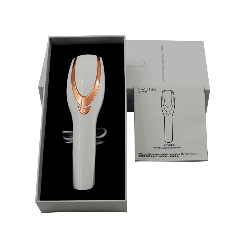 Iridescent scalp massager with push-button control, three speed gears, and USB charging cable on white background