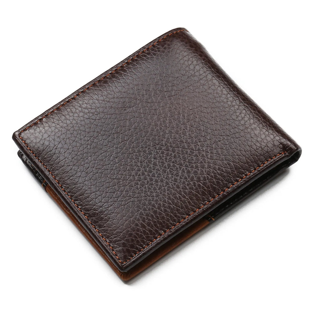Cowhide leather men's wallet with contrast stitching, shown open to reveal card slots, bill holder, and a zipper compartment.