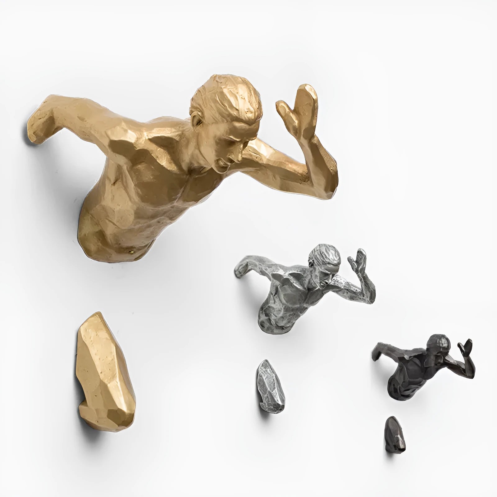Metallic resin character sculpture wall hanging in copper, gold, or silver finish, showing left and right orientation options.
