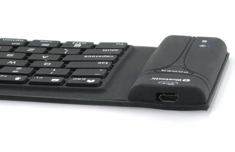 Black foldable silicone Bluetooth keyboard with 108 keys, unfolded, showing full key layout