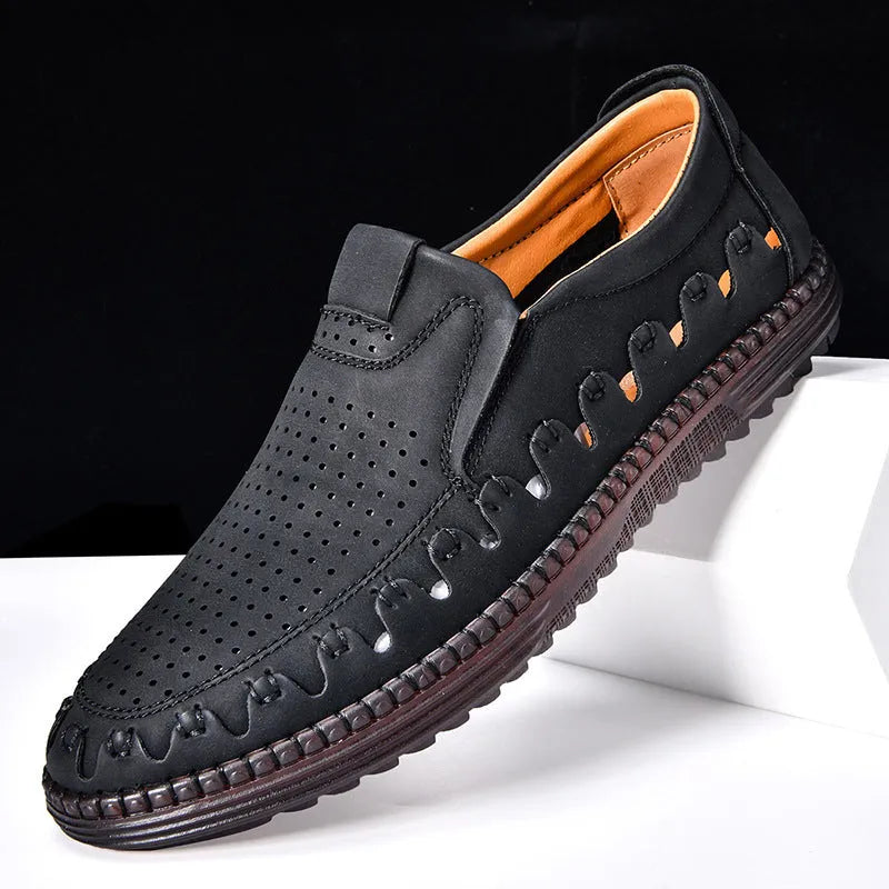Men's brown casual slip-on shoes with round toe and low-top design showing sewing line details on PVC sole