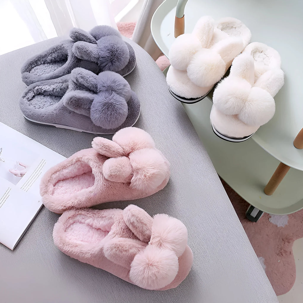 Women's high-top rabbit fur winter slippers in various colours on a neutral background