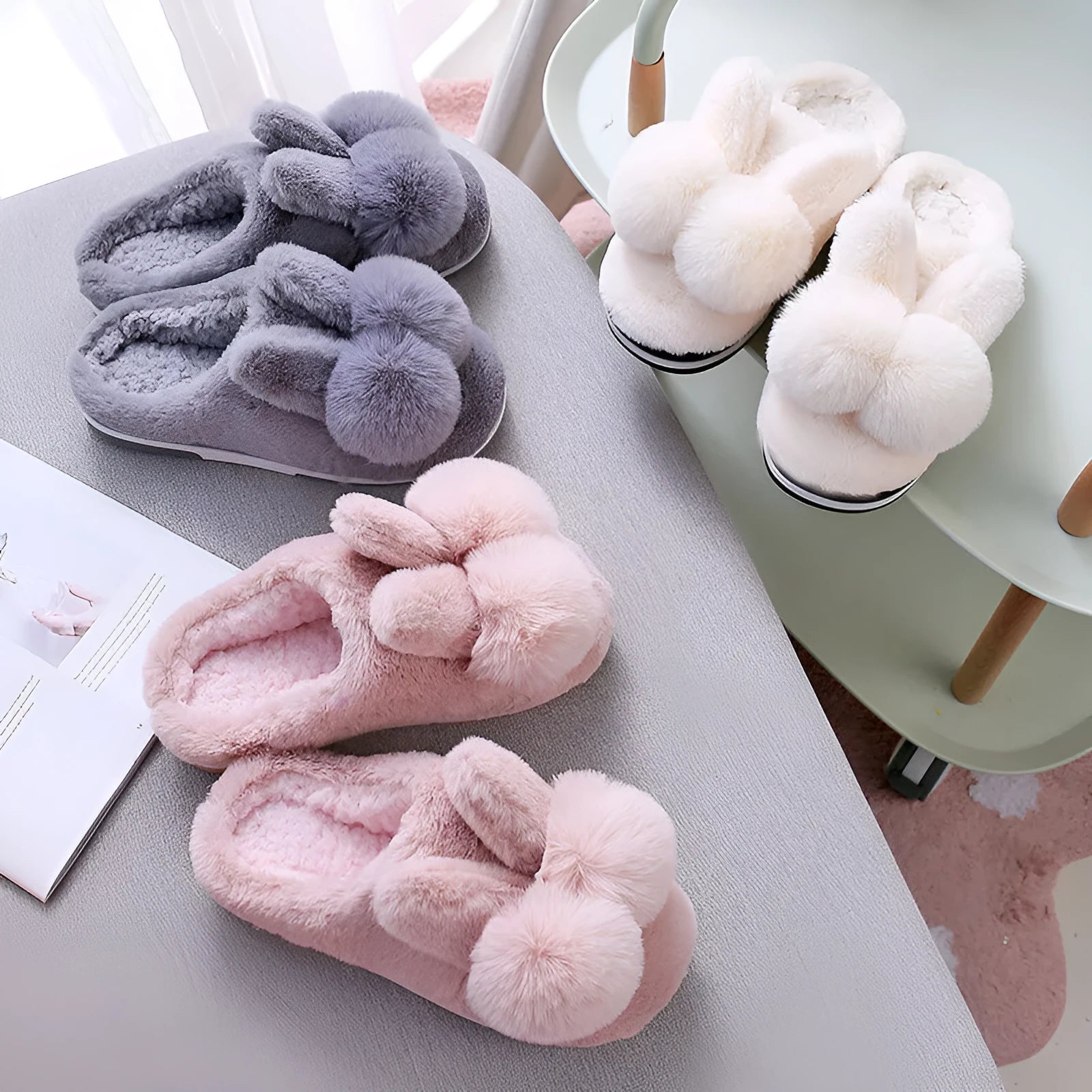 Women's high-top rabbit fur winter slippers in various colours on a neutral background