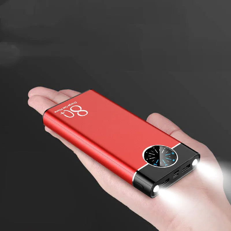 Black, red, and blue alloy-shell 20000mAh fast charging power bank with LED flashlight.