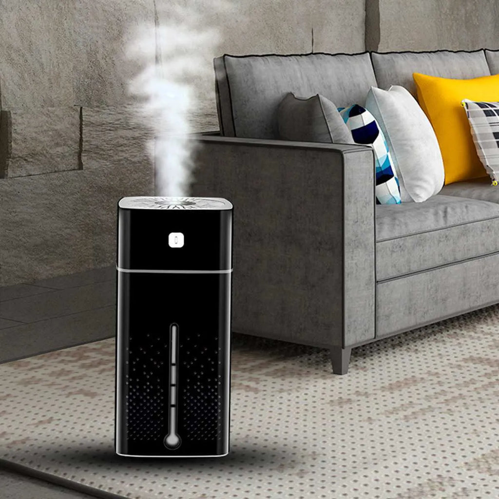 Black and white USB desktop humidifier with 1000ml capacity on desk
